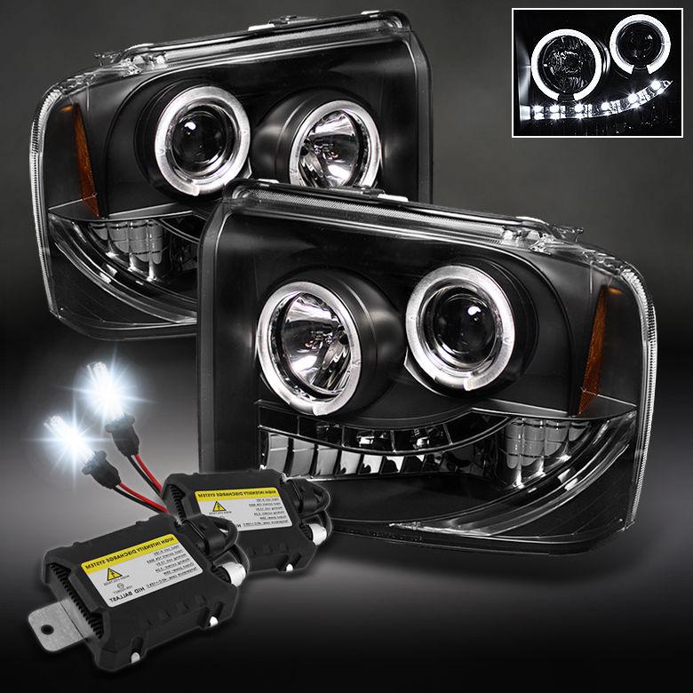 05-07 f250/f350 super duty halo projector led black headlights + slim 6000k hid