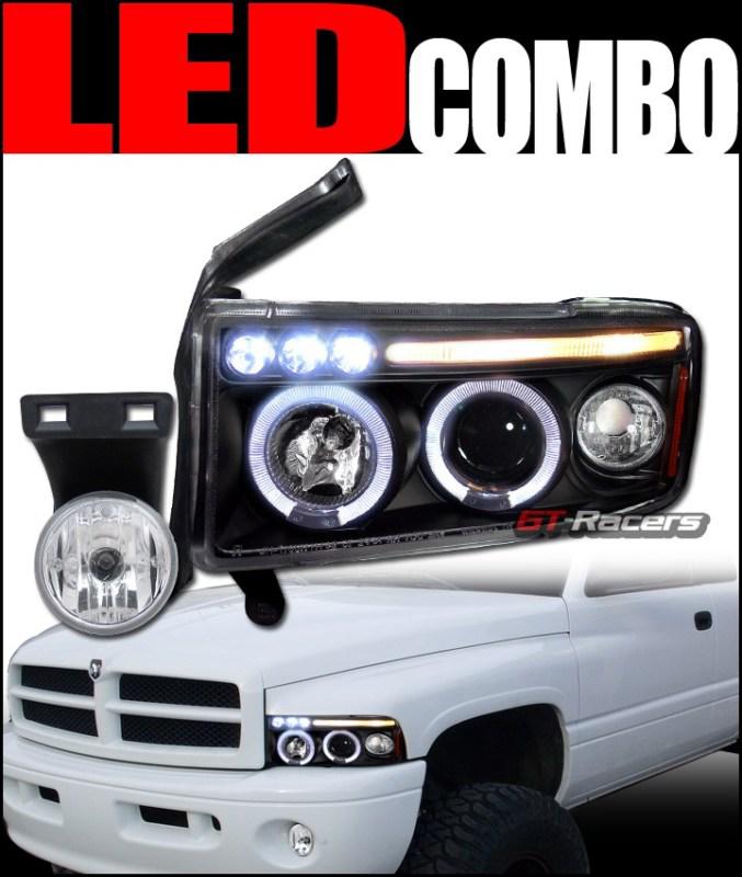 Black halo led projector head lights signal w/bumper fog lamps ch 1994-2001 ram