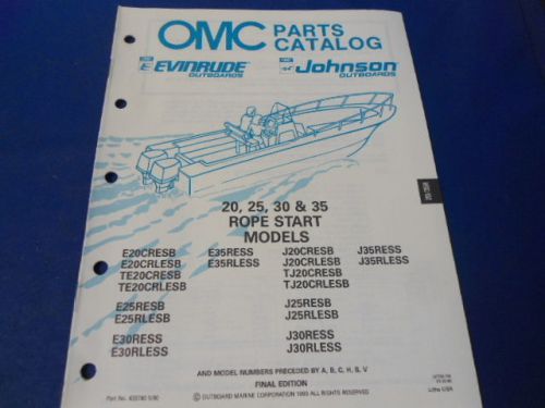 1990 omc evinrude/johnson parts catalog, 20, 25, 30 &amp; 35 rope start models