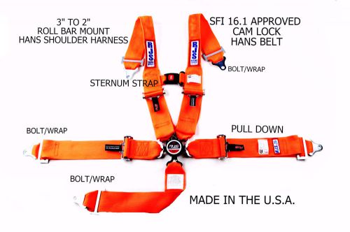 Rjs sfi 16.1 5pt hans cam lock roll bar mount sternum strap belt orange 1054405