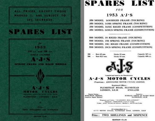 Ajs 1953 spring frame and rigid models - ajs spares list for 1953 350cc and 500c