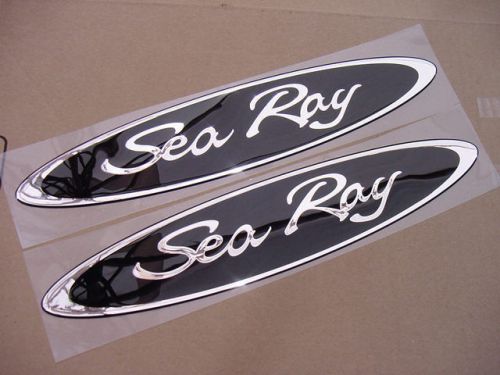 Sea ray black &amp; chrome 13&#034; oval emblems searay hull side new!  13 x2-3/4 pair!!!