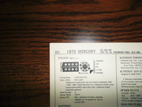 1970 mercury premium fuel 280 hp 390 v8 ci 2bbl sun tune up chart great shape