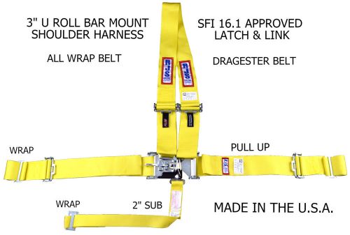 Rjs sfi 16.1 latch &amp; link dragster harness belt all wrap pull up yellow 1154406