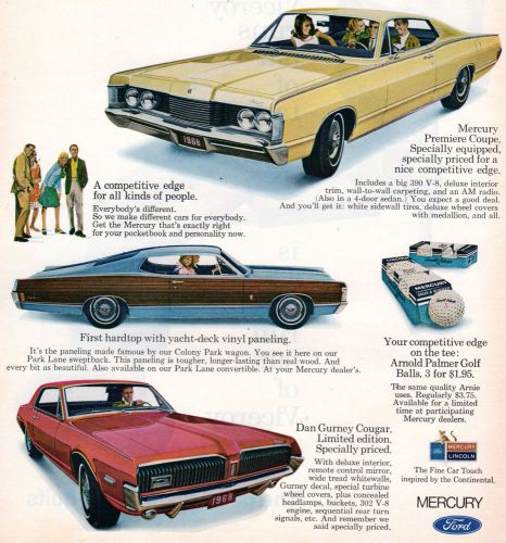 Original 1968 mercury premiere park lane &amp; gurney cougar magazine ad ~10&#034; x ~13&#034;