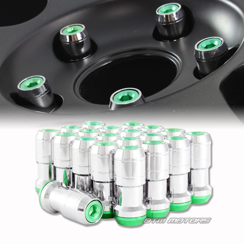 M12 x 1.25mm thread pitch 1.9" long wheel rim lug nuts - 20pc chrome / green