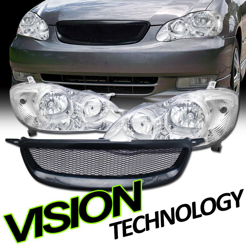 Factory style chrome headlights headlamps+aluminum grill 03-04 toyota corolla