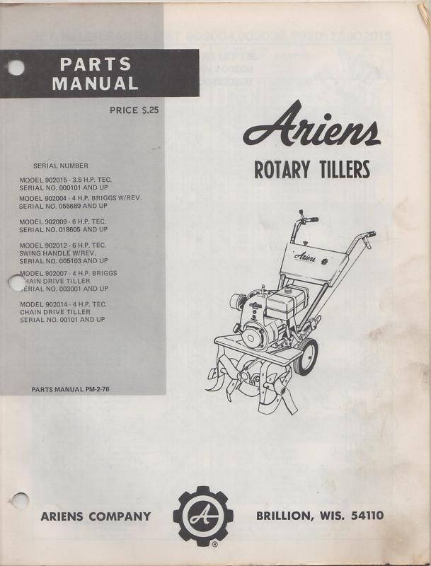  ariens rotary tillers parts manual p/n pm-2-76 (035)