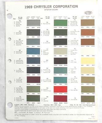 1969 chrysler dodge plymouth dupont exterior  color paint chip chart all models 