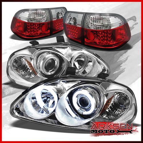 96-98 civic 4dr ccfl halo chrome projector headlights+red clear led tail lights