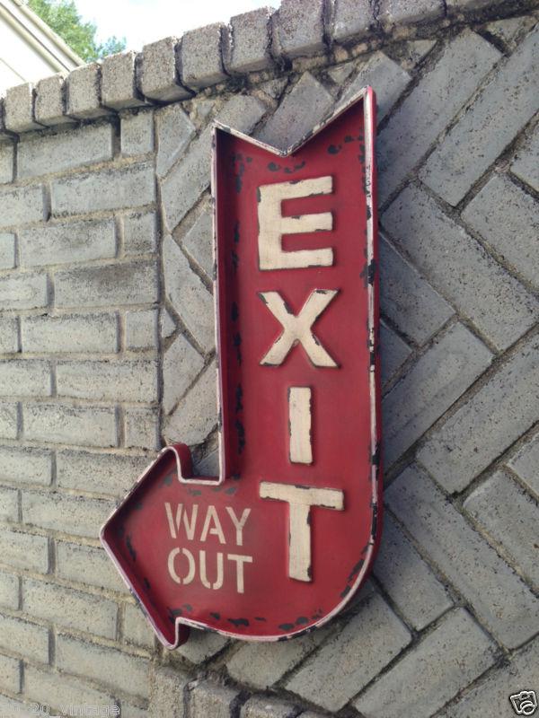 Large "exit way out" metal sign home theater cinema system popcorn stand vintage