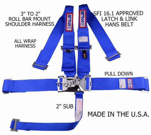Rjs racing sfi 16.1 5pt hans latch &amp; link roll bar mount belt blue 1142403