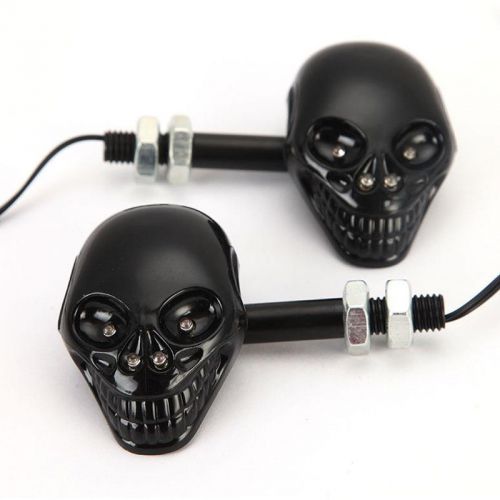 2 pcs black motorcycle skull led turn signal light 12v indicator amber lamp