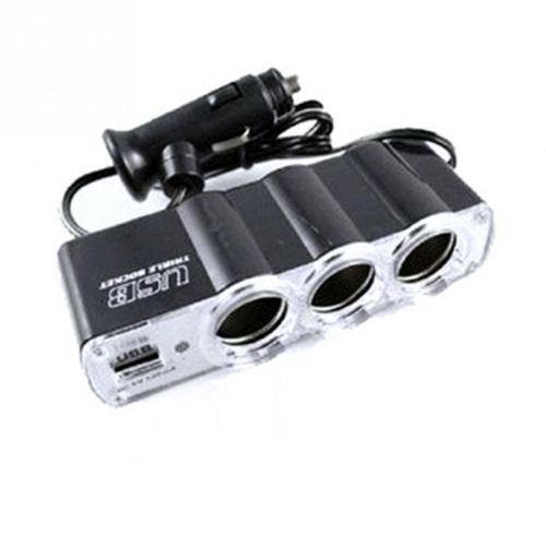 3 way triple car cigarette lighter socket splitter 12v/24v +usb car charger