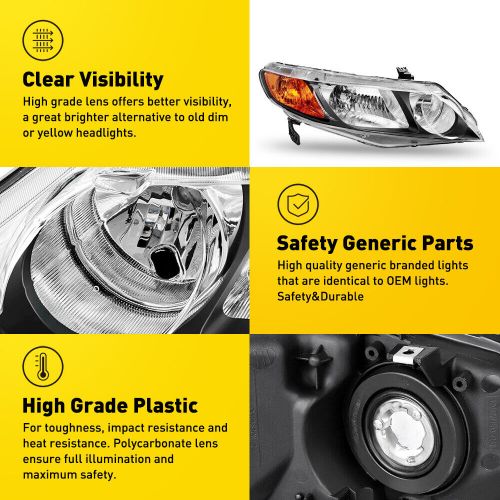 AUXITO For 2006-2011 Honda Civic Sedan Black Headlights Assembly Left+Right Pair, US $94.99, image 21