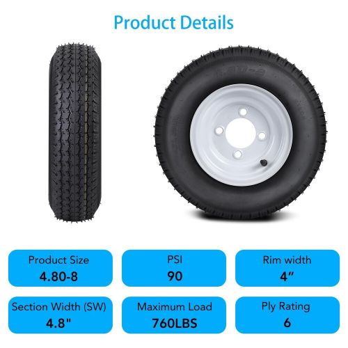 4PACKS Trailer Tires with 8" Rim 6 PR 4 Lug on 4" 4.80 8 4.80-8 4.80x8 480-8 480, US $121.98, image 6
