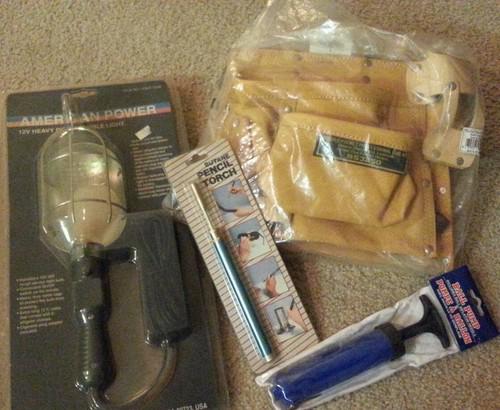 4 pc tool mix leather tool belt~pencil torch~12v car trouble light & ball pump