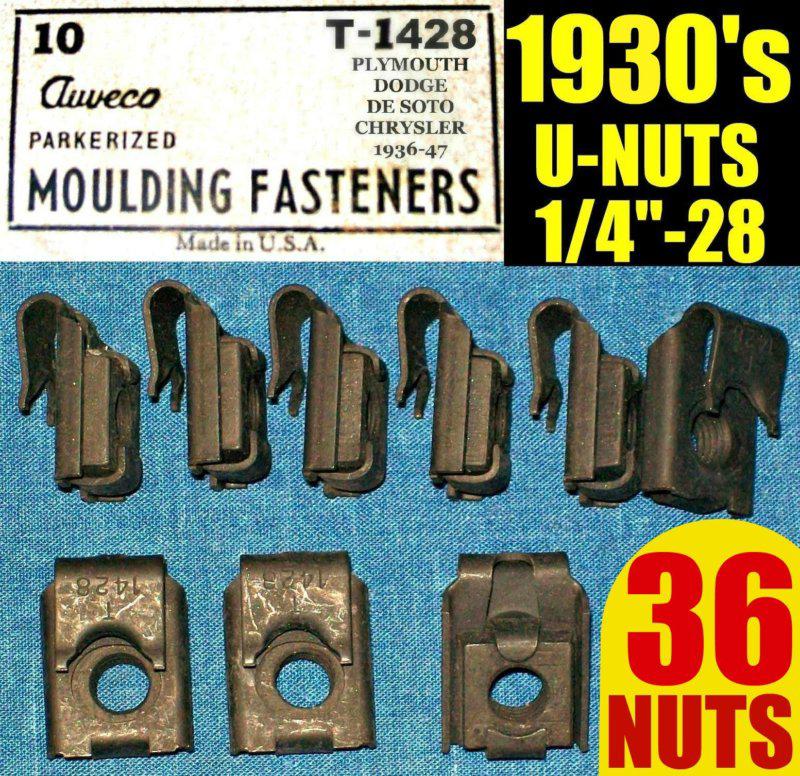 ❋36 nos auveco old u-nuts 1930s 30s fender, molding trim nut 1/4"-28 fine thread