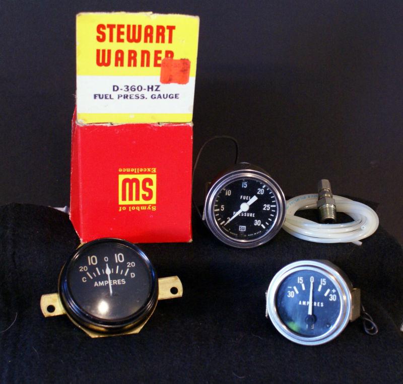 Vintage stewart warner gauges, 2 3/8 amp mtr black /curved glass, fuel press 