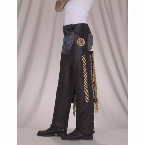Men's black leather chaps with mustard yellow trim ,fringe,bone beading