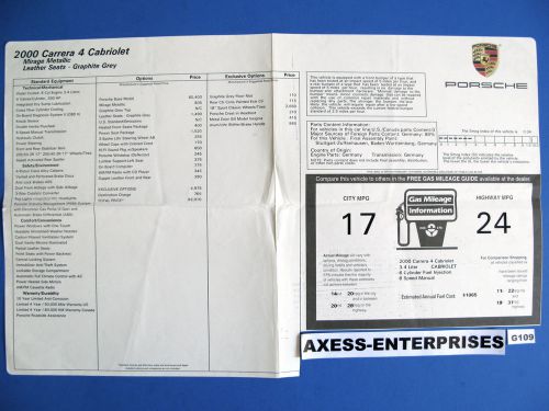 00 2000 porsche 996 911 carrera 4 c4 cabriolet window sticker msrp $93,010 g109a
