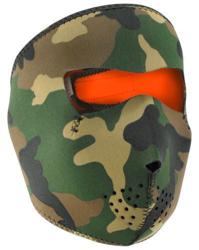 Zan headgear neoprene full mask - woodland camo reversible to hi-vis orange
