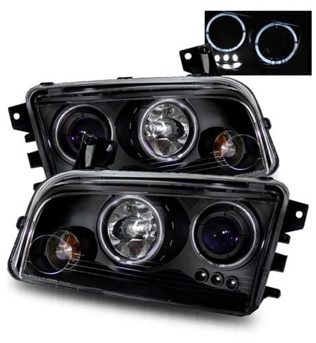 06-10 dodge charger aftermarket led angel eye halo black projector headlights