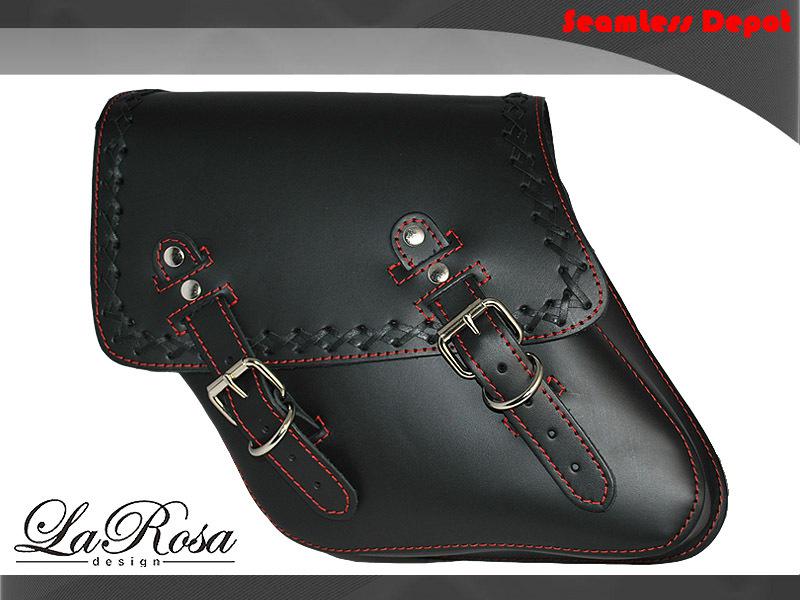 La rosa harley dyna wide glide cross lace leather saddlebag w/ red stitching