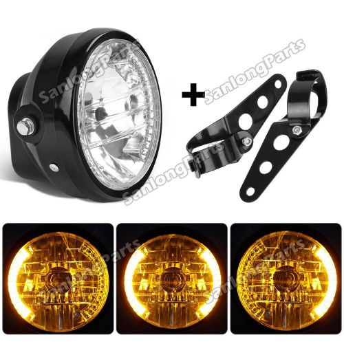 7" H4 Motorcycle Amber Halogen Headlamp LED Signal Indicators Lights w/Brackets, image 1