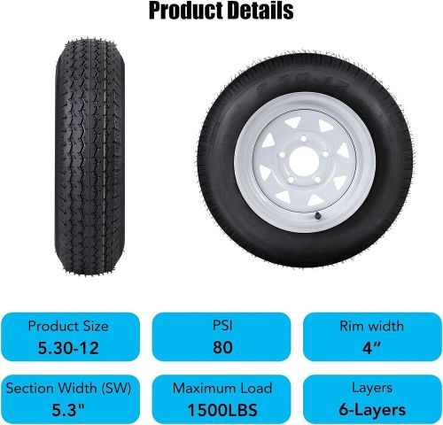 4pack Trailer Tires with 12" Rims 5 Lug on 4.5" 5.30-12 5.30x12, US $237.98, image 4