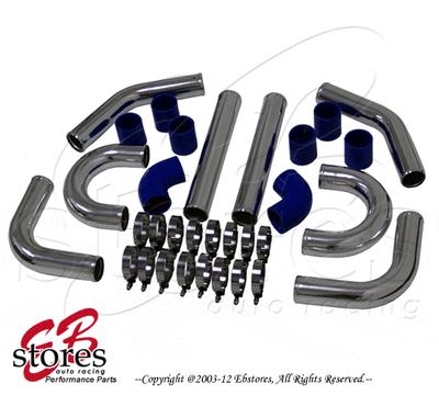 Blue silicone 2.5" intercooler piping kit + silver u pipe t-bolt t-clamps hoses