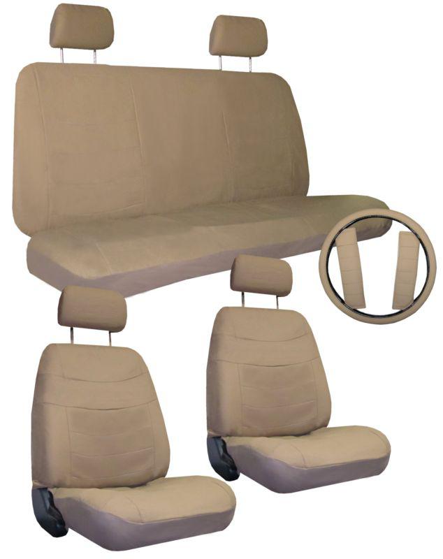 Tan biege car seat covers set w/ steering wheel cover & belt shoulder pads #5