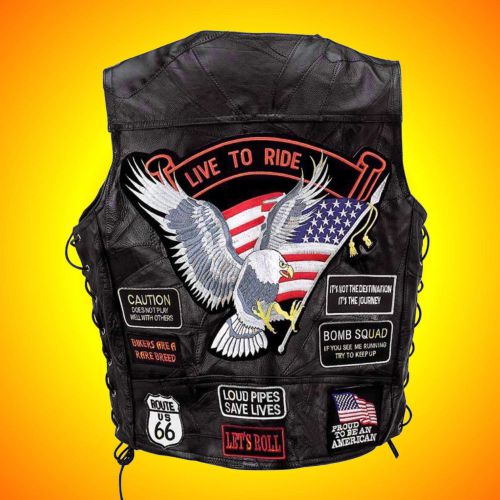Leather motorcycle-biker vest- with patches --men's size 4x--  great patches