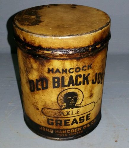 Antique one lb.hancock old black joe grease can yale oil corp. 4&#034; petroliana