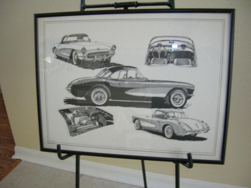 1956-57 corvette framed pen & ink print 12x17       