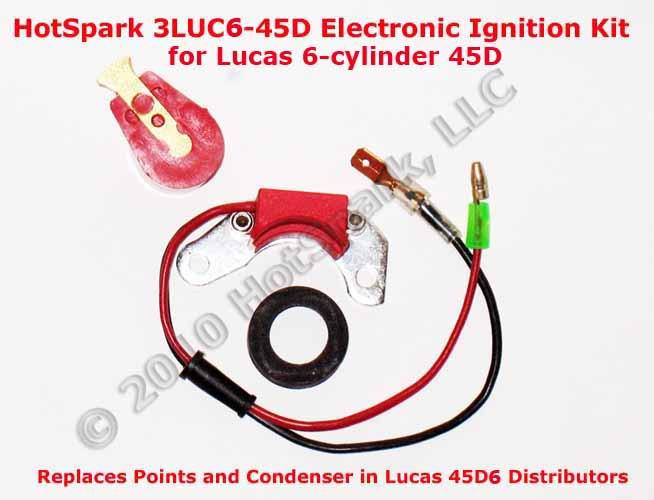 Electronic ignition conversion replaces points in 6-cyl lucas 45d6 distributor