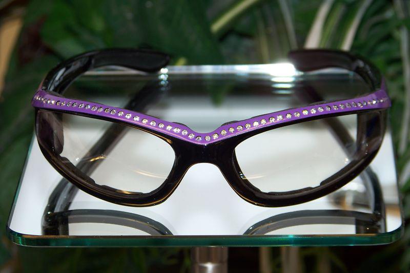 Motorcycle transition lens sunglasses with rhinestone black and purple frame  