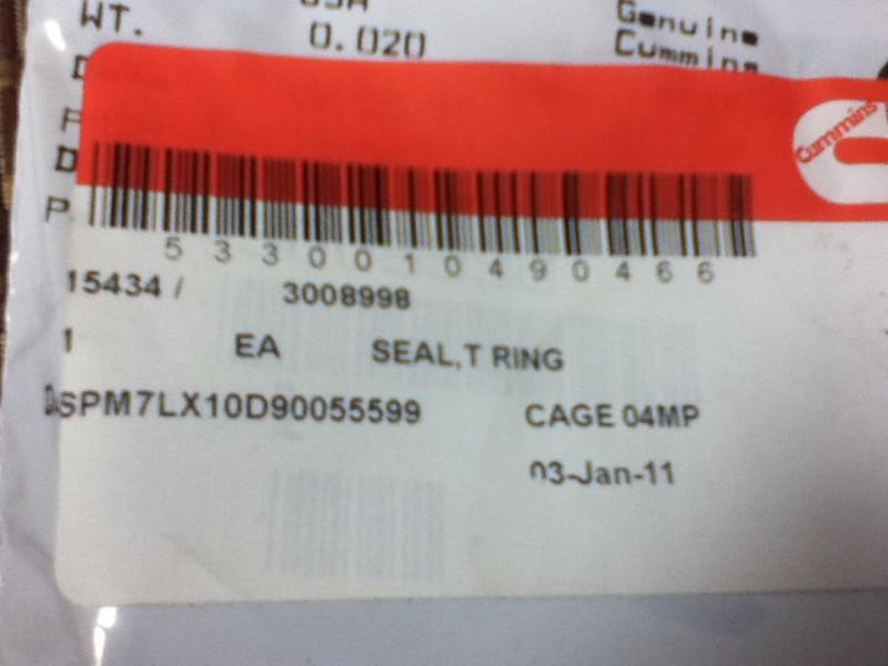 Cummins genuine parts seal, t ring, 3008998, box of 39