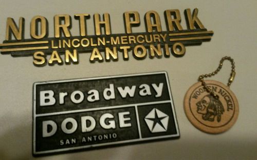 Lot of 3 san antonio emblems--metal/plastic/wood-- dealer emblem car  vintage