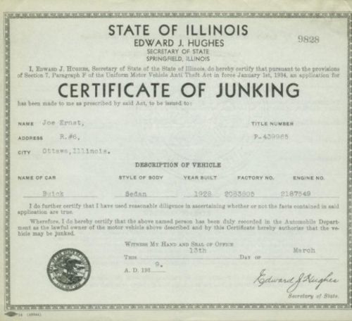 Rare 1928 buick sedan certificate of junking original state issued document