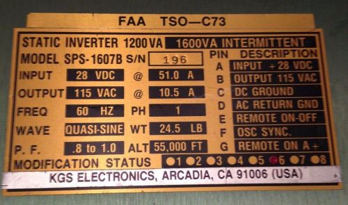 Kgs electronics faa ts0-c73 static inverter 1200 va model sps-1607b