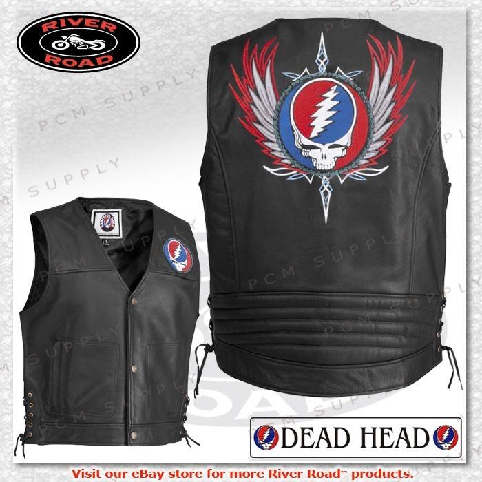River road grateful dead steal your face pinstripe leather motorcycle biker vest