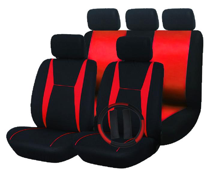 Red and black car front back seat covers free steering wheel-belt pad-head rest