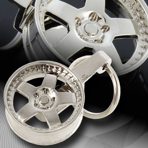 Universal silver 5 deep dish spoke rim wheel style key chain ring fob keychain