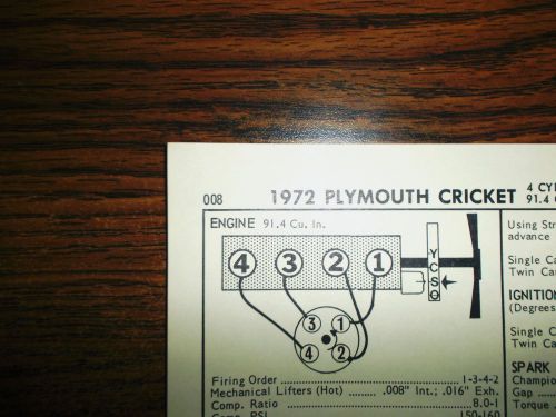 1972 plymouth cricket ohv 91.4 ci (1500cc) l4 sun tune up chart great shape!