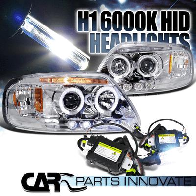 97-02 expedition f150 chrome halo led projector headlights+h1 6000k hid kit