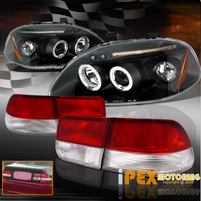1996-1998 honda civic 2dr halo led projector headlights+jdm red clear tail light