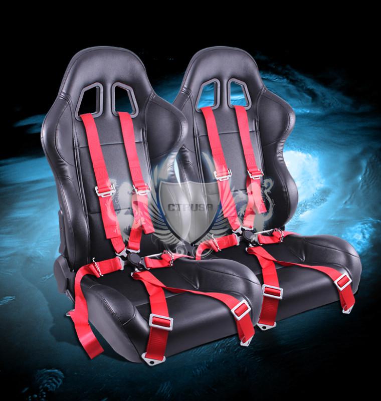 2x black turino sport racing bucket seats + 6-pt red belts camlock strap pair