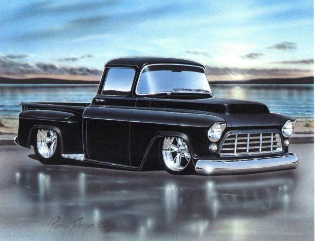 1955 56 chevy stepside pickup hot rod truck art print black