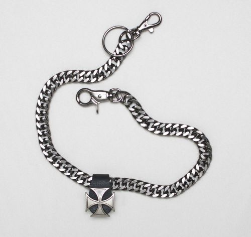 Black chrome / gunmetal 18" wallet chain w/ iron cross on leather fob